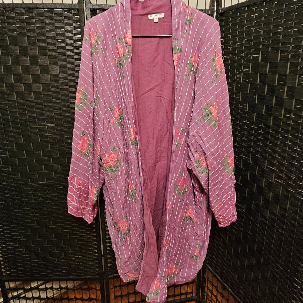 Earthbound Trading Company Kantha Floral Purple Kimono Cardigan